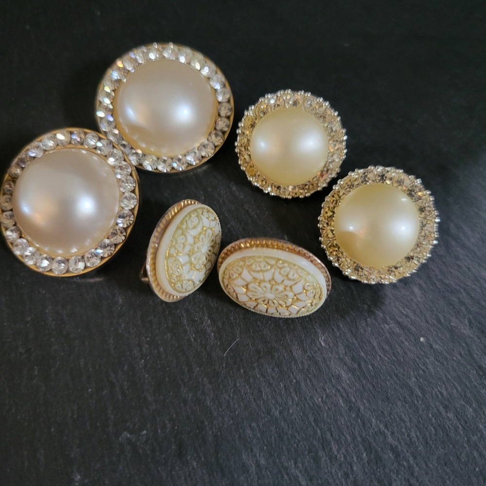 Vintage Faux Pearl Rhinestone Enamel Clip On Earrings Set 3 Pairs‎ 80s